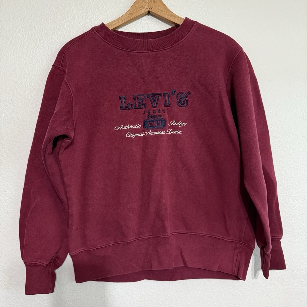VINTAGE LEVIS Dry Goods JEANS‎ CREWNECK SWEATSHIRT Medium Burgundy - Picture 2 of 6